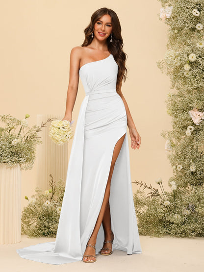 Vestidos Formais Longos de Um Ombro com Bainha/Coluna com Divisão Lateral e Franzido