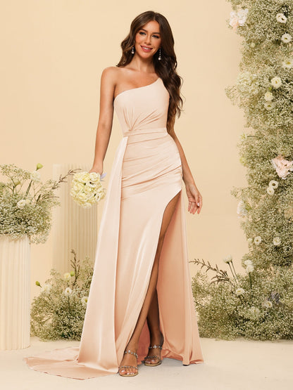 Vestidos Formais Longos de Um Ombro com Bainha/Coluna com Divisão Lateral e Franzido