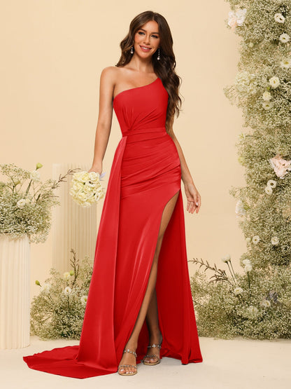 Vestidos Formais Longos de Um Ombro com Bainha/Coluna com Divisão Lateral e Franzido