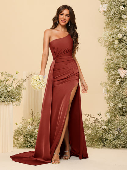 Vestidos Formais Longos de Um Ombro com Bainha/Coluna com Divisão Lateral e Franzido