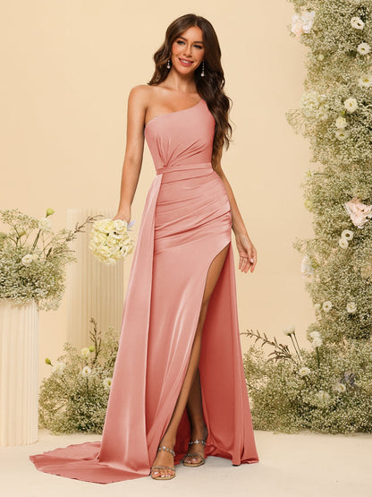 Vestidos Formais Longos de Um Ombro com Bainha/Coluna com Divisão Lateral e Franzido