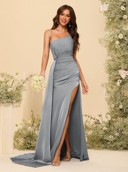 Vestidos Formais Longos de Um Ombro com Bainha/Coluna com Divisão Lateral e Franzido