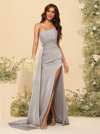 Vestidos Formais Longos de Um Ombro com Bainha/Coluna com Divisão Lateral e Franzido