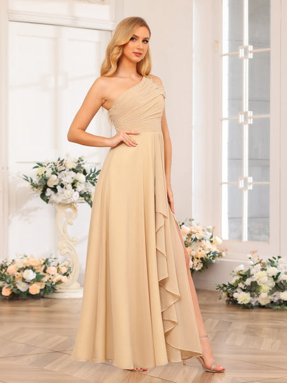 Vestidos Longos de Festa de Casamento com Um Ombro Só Corte A/Princesa e Lado Dividido