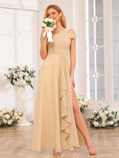 Vestidos Longos de Festa de Casamento com Um Ombro Só Corte A/Princesa e Lado Dividido