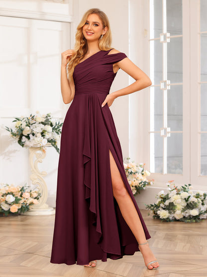 Vestidos Longos de Festa de Casamento com Um Ombro Só Corte A/Princesa e Lado Dividido