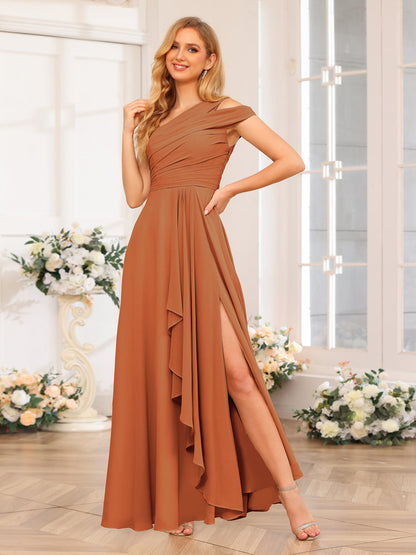 Vestidos Longos de Festa de Casamento com Um Ombro Só Corte A/Princesa e Lado Dividido