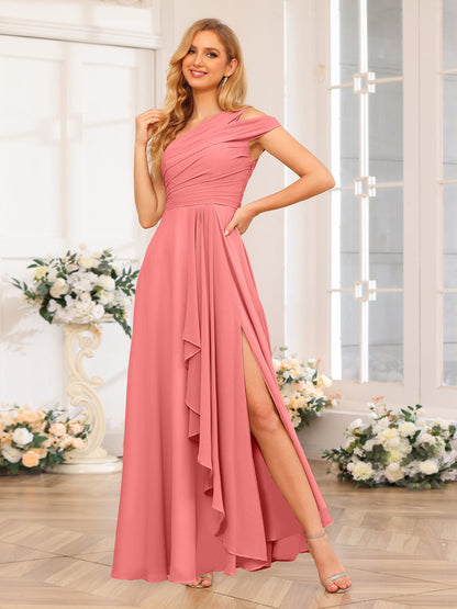 Vestidos Longos de Festa de Casamento com Um Ombro Só Corte A/Princesa e Lado Dividido