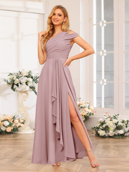 Vestidos Longos de Festa de Casamento com Um Ombro Só Corte A/Princesa e Lado Dividido