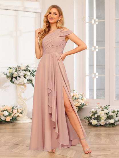 Vestidos Longos de Festa de Casamento com Um Ombro Só Corte A/Princesa e Lado Dividido