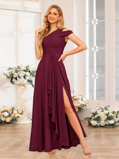 Vestidos Longos de Festa de Casamento com Um Ombro Só Corte A/Princesa e Lado Dividido