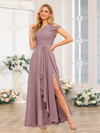 Vestidos Longos de Festa de Casamento com Um Ombro Só Corte A/Princesa e Lado Dividido