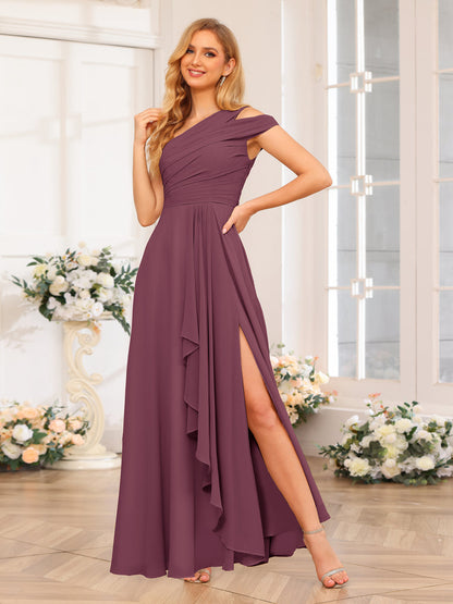 Vestidos Longos de Festa de Casamento com Um Ombro Só Corte A/Princesa e Lado Dividido