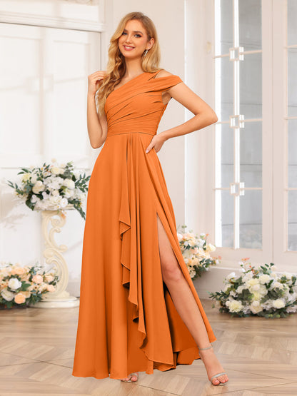 Vestidos Longos de Festa de Casamento com Um Ombro Só Corte A/Princesa e Lado Dividido
