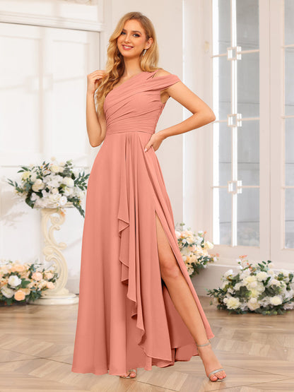 Vestidos Longos de Festa de Casamento com Um Ombro Só Corte A/Princesa e Lado Dividido
