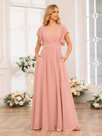Vestidos Longos de Festa de Casamento com Decote Em V A-Line/Princesa com Laterais Divididas e Bolsos