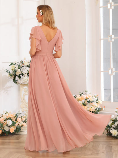 Vestidos Longos de Festa de Casamento com Decote Em V A-Line/Princesa com Laterais Divididas e Bolsos