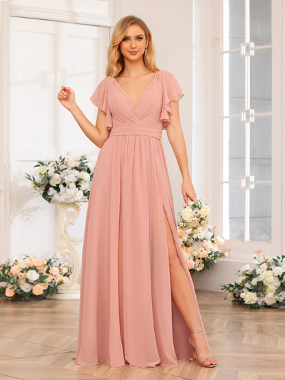 Vestidos Longos de Festa de Casamento com Decote Em V A-Line/Princesa com Laterais Divididas e Bolsos
