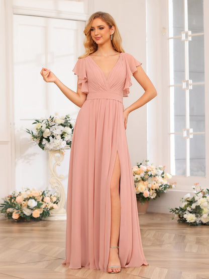 Vestidos Longos de Festa de Casamento com Decote Em V A-Line/Princesa com Laterais Divididas e Bolsos