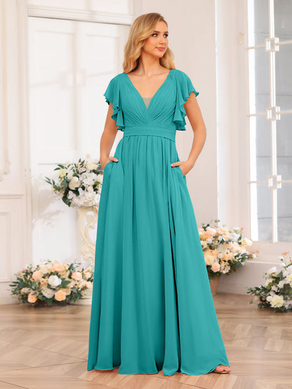 Vestidos Longos de Festa de Casamento com Decote Em V A-Line/Princesa com Laterais Divididas e Bolsos