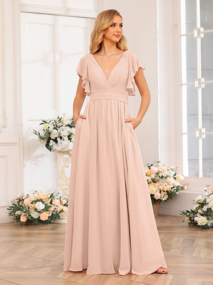 Vestidos Longos de Festa de Casamento com Decote Em V A-Line/Princesa com Laterais Divididas e Bolsos