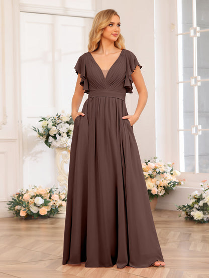 Vestidos Longos de Festa de Casamento com Decote Em V A-Line/Princesa com Laterais Divididas e Bolsos