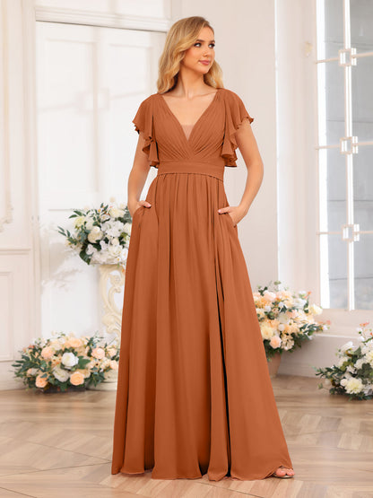 Vestidos Longos de Festa de Casamento com Decote Em V A-Line/Princesa com Laterais Divididas e Bolsos