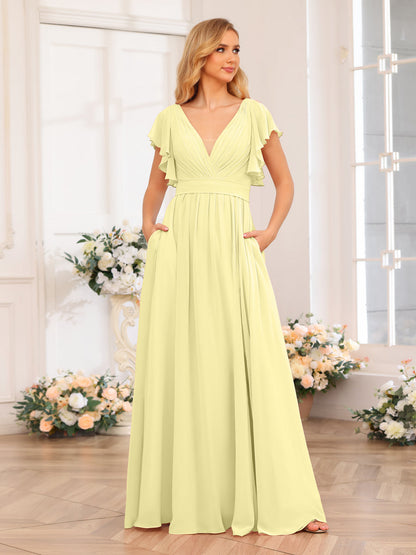 Vestidos Longos de Festa de Casamento com Decote Em V A-Line/Princesa com Laterais Divididas e Bolsos