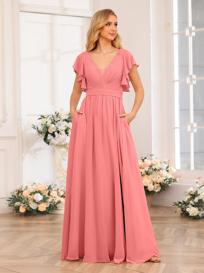 Vestidos Longos de Festa de Casamento com Decote Em V A-Line/Princesa com Laterais Divididas e Bolsos