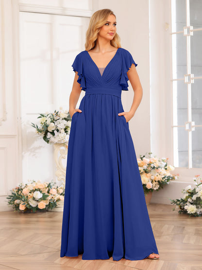 Vestidos Longos de Festa de Casamento com Decote Em V A-Line/Princesa com Laterais Divididas e Bolsos