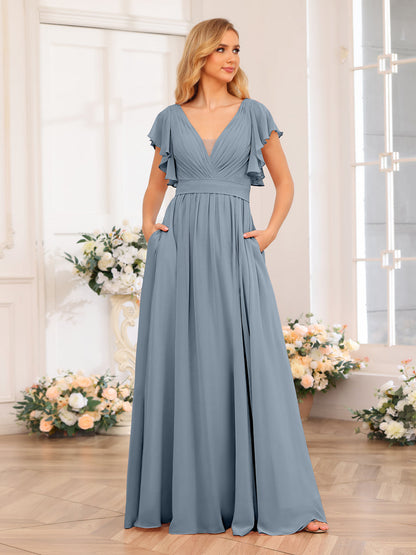 Vestidos Longos de Festa de Casamento com Decote Em V A-Line/Princesa com Laterais Divididas e Bolsos