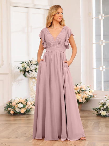 Vestidos Longos de Festa de Casamento com Decote Em V A-Line/Princesa com Laterais Divididas e Bolsos