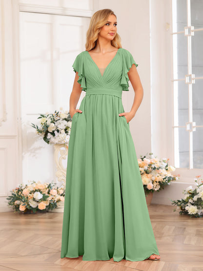 Vestidos Longos de Festa de Casamento com Decote Em V A-Line/Princesa com Laterais Divididas e Bolsos
