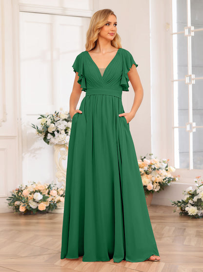 Vestidos Longos de Festa de Casamento com Decote Em V A-Line/Princesa com Laterais Divididas e Bolsos