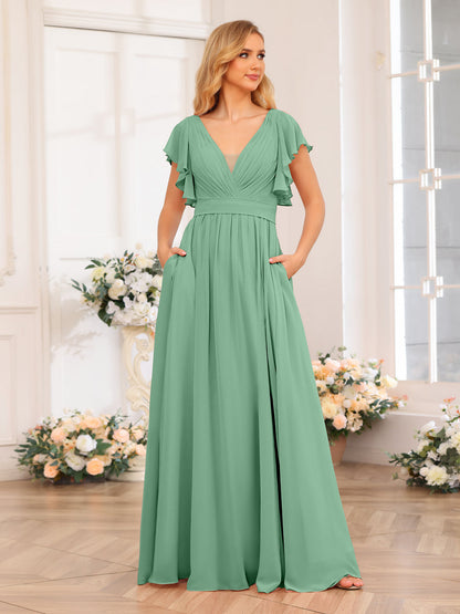 Vestidos Longos de Festa de Casamento com Decote Em V A-Line/Princesa com Laterais Divididas e Bolsos