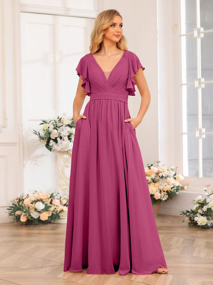 Vestidos Longos de Festa de Casamento com Decote Em V A-Line/Princesa com Laterais Divididas e Bolsos