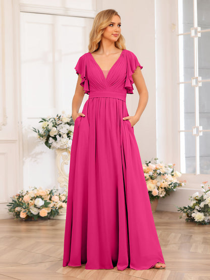Vestidos Longos de Festa de Casamento com Decote Em V A-Line/Princesa com Laterais Divididas e Bolsos