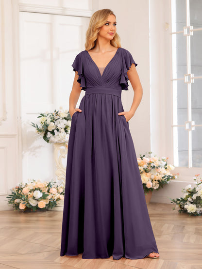 Vestidos Longos de Festa de Casamento com Decote Em V A-Line/Princesa com Laterais Divididas e Bolsos