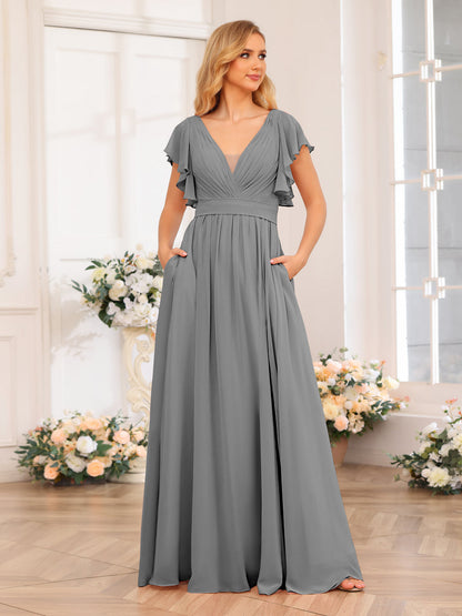 Vestidos Longos de Festa de Casamento com Decote Em V A-Line/Princesa com Laterais Divididas e Bolsos