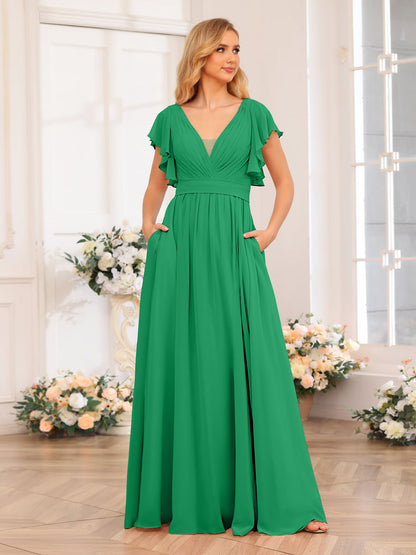 Vestidos Longos de Festa de Casamento com Decote Em V A-Line/Princesa com Laterais Divididas e Bolsos