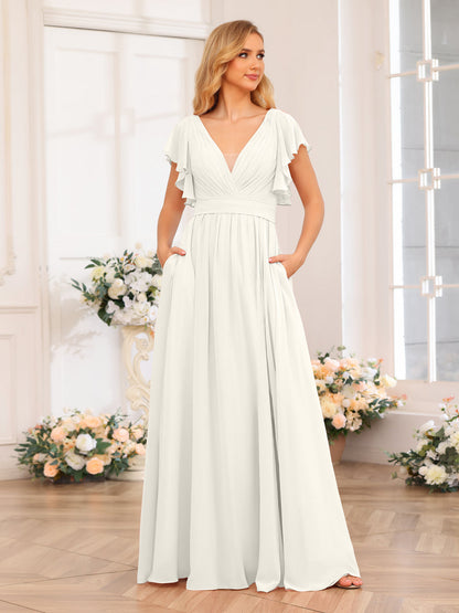 Vestidos Longos de Festa de Casamento com Decote Em V A-Line/Princesa com Laterais Divididas e Bolsos