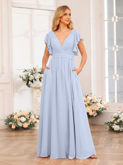 Vestidos Longos de Festa de Casamento com Decote Em V A-Line/Princesa com Laterais Divididas e Bolsos