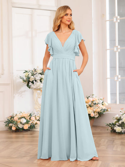Vestidos Longos de Festa de Casamento com Decote Em V A-Line/Princesa com Laterais Divididas e Bolsos