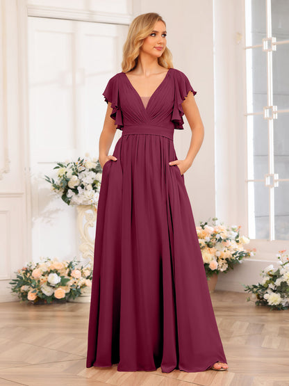 Vestidos Longos de Festa de Casamento com Decote Em V A-Line/Princesa com Laterais Divididas e Bolsos