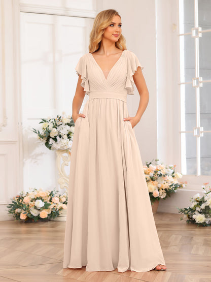 Vestidos Longos de Festa de Casamento com Decote Em V A-Line/Princesa com Laterais Divididas e Bolsos