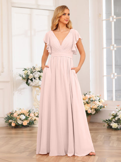 Vestidos Longos de Festa de Casamento com Decote Em V A-Line/Princesa com Laterais Divididas e Bolsos