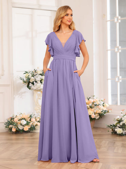 Vestidos Longos de Festa de Casamento com Decote Em V A-Line/Princesa com Laterais Divididas e Bolsos