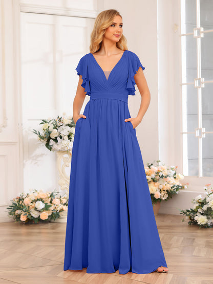 Vestidos Longos de Festa de Casamento com Decote Em V A-Line/Princesa com Laterais Divididas e Bolsos