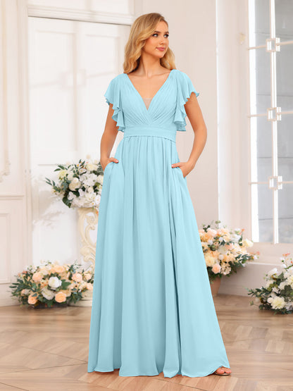 Vestidos Longos de Festa de Casamento com Decote Em V A-Line/Princesa com Laterais Divididas e Bolsos
