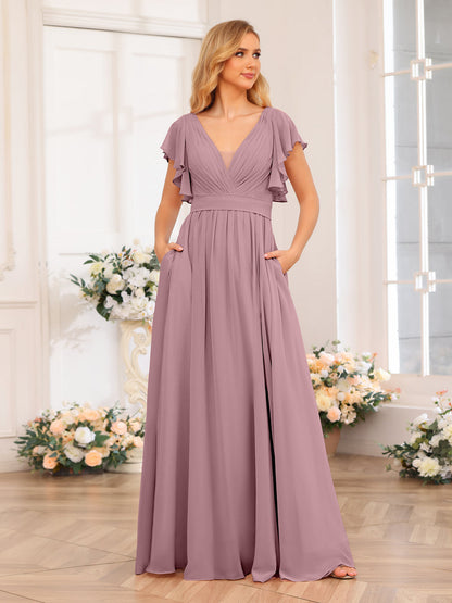 Vestidos Longos de Festa de Casamento com Decote Em V A-Line/Princesa com Laterais Divididas e Bolsos